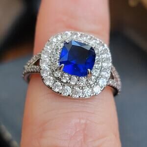 Rhodium Plated Simulated Sapphire Halo Ring - Size 7 - Double Halo Brilliance